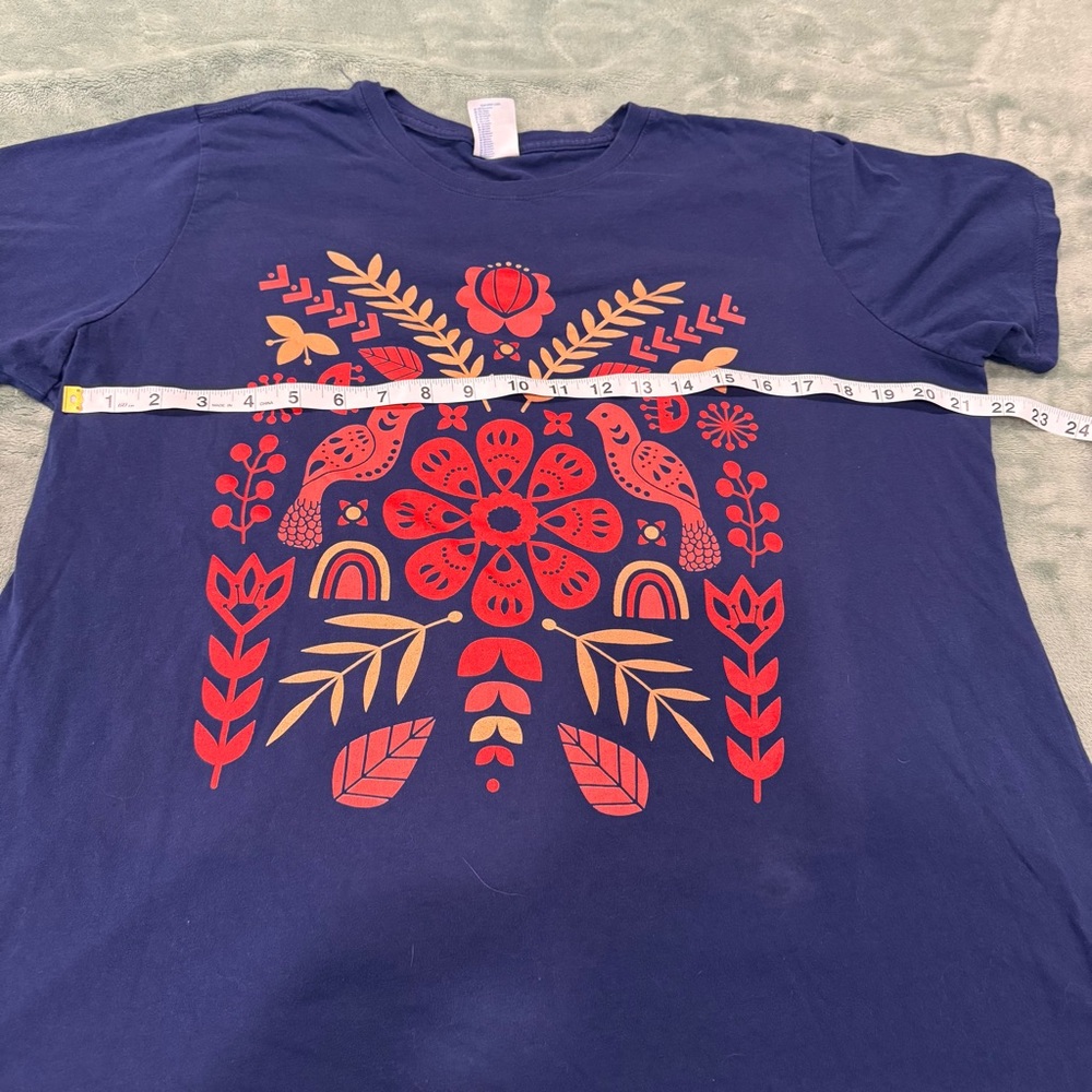 Port & Company Women’s XXL Blue Folk Art Birds Floral Graphic T Shirt - Picture 5 of 8